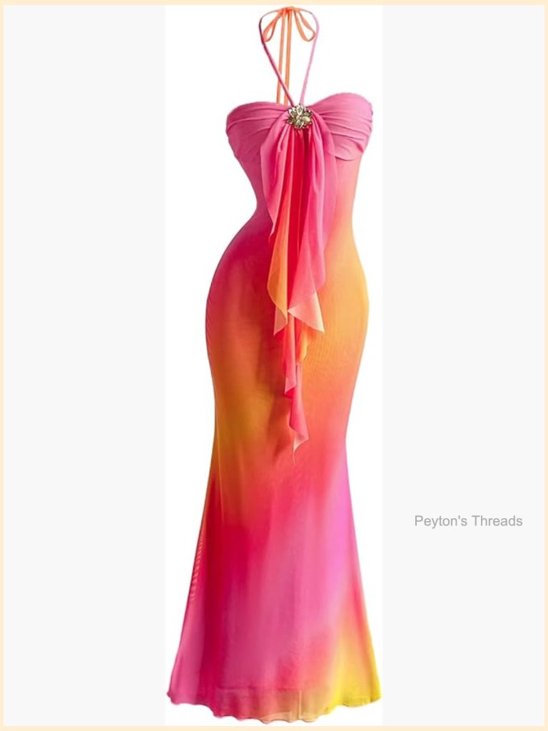 Ombre Mesh Halter Maxi Dress Bodycon Fishtail Beach Vacation